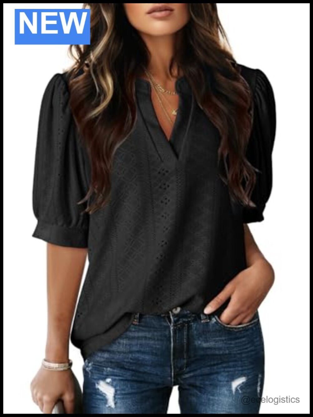 V Neck Puff Short Sleeve Blouse Business Casual Top Wrinkle Free Travel Office